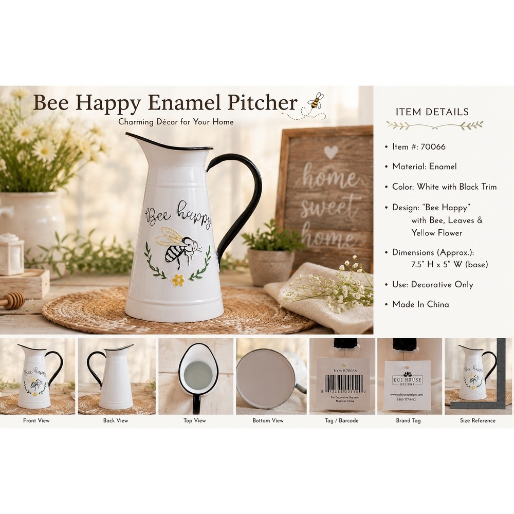 Col House Designs Bee Happy White Metal Decorative Pitcher‎ Farmhouse Vase 70066